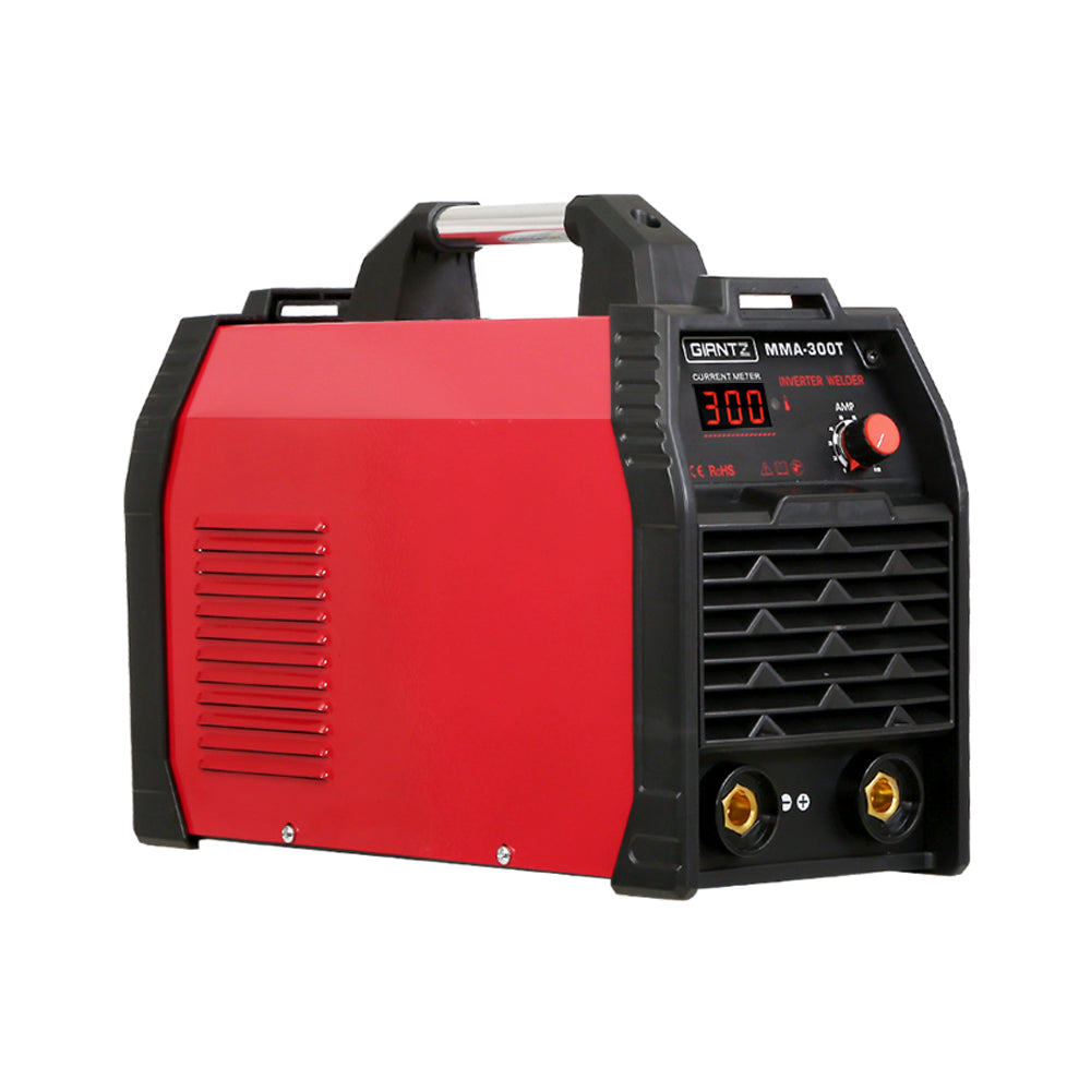 A red and black Giantz 300Amp Inverter Welder MMA ARC iGBT DC Gas Welding Machine Stick Portable featuring IGBT DC inverter technology with a digital display, adjustment knob for adjustable output current, and connectors on the front panel. It has a sturdy handle on top for easy carrying. The model label reads "Gintz MMA-300T" on the front.