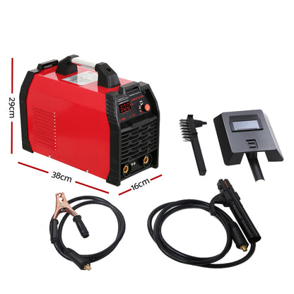 A red and black Giantz 300Amp Inverter Welder MMA ARC iGBT DC Gas Welding Machine Stick Portable featuring IGBT DC inverter technology with a digital display, adjustment knob for adjustable output current, and connectors on the front panel. It has a sturdy handle on top for easy carrying. The model label reads "Gintz MMA-300T" on the front.