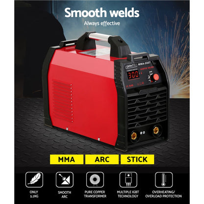 A red and black Giantz 300Amp Inverter Welder MMA ARC iGBT DC Gas Welding Machine Stick Portable featuring IGBT DC inverter technology with a digital display, adjustment knob for adjustable output current, and connectors on the front panel. It has a sturdy handle on top for easy carrying. The model label reads "Gintz MMA-300T" on the front.