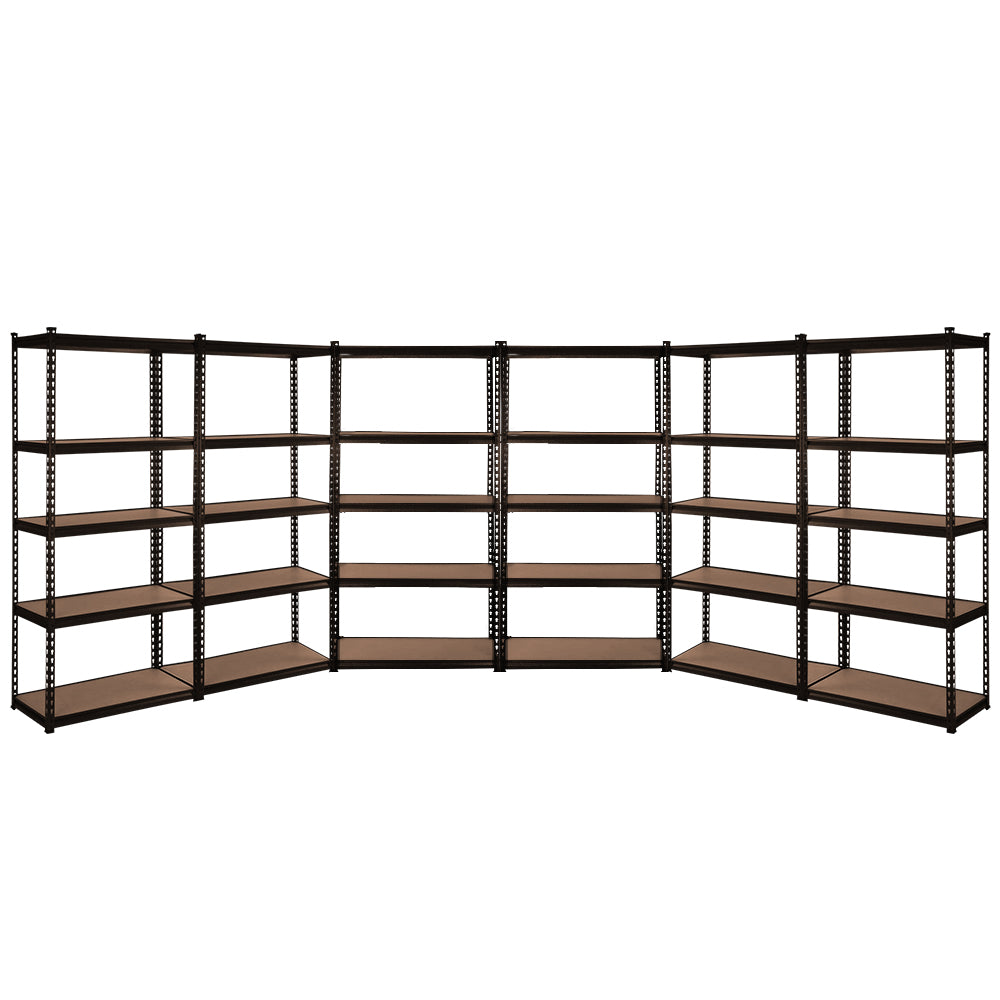 A large, freestanding Giantz 6X1.5M Garage Shelving Warehouse Rack Storage Shelves Pallet Racking with a black frame and brown, five-tiered shelves arranged in a U-shape formation. The heavy-duty steel shelving unit has adjustable beams, suitable for storing various items in a garage, warehouse, or storage room.