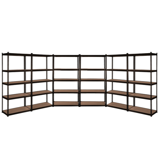 A large, freestanding Giantz 6X1.5M Garage Shelving Warehouse Rack Storage Shelves Pallet Racking with a black frame and brown, five-tiered shelves arranged in a U-shape formation. The heavy-duty steel shelving unit has adjustable beams, suitable for storing various items in a garage, warehouse, or storage room.