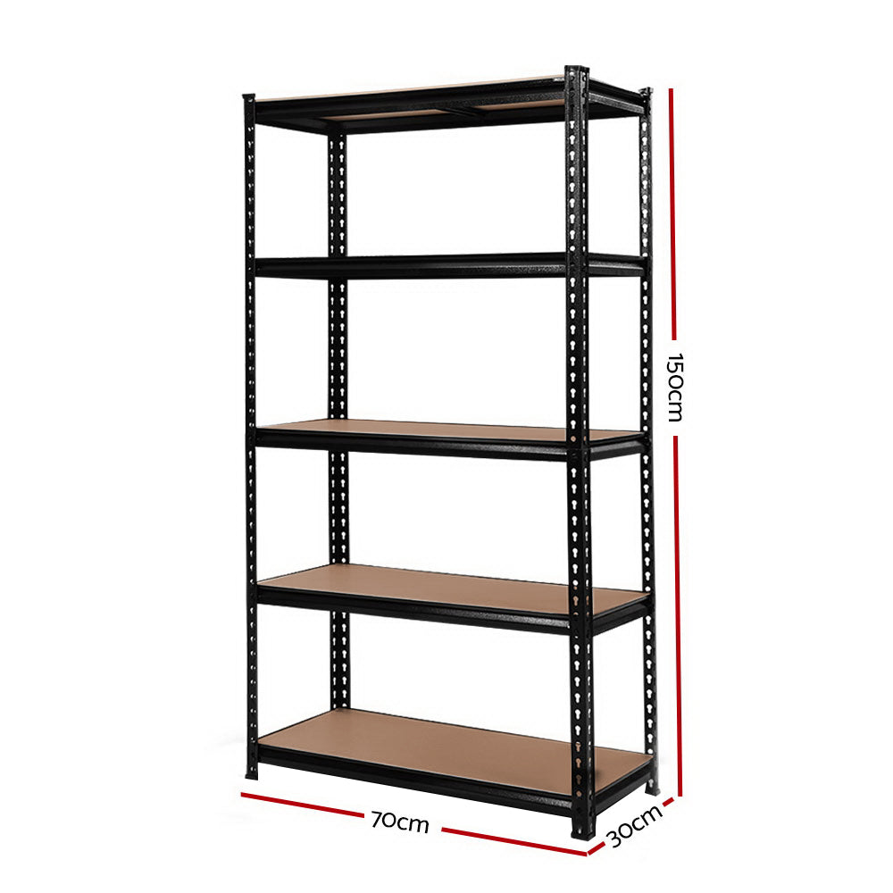 A large, freestanding Giantz 6X1.5M Garage Shelving Warehouse Rack Storage Shelves Pallet Racking with a black frame and brown, five-tiered shelves arranged in a U-shape formation. The heavy-duty steel shelving unit has adjustable beams, suitable for storing various items in a garage, warehouse, or storage room.