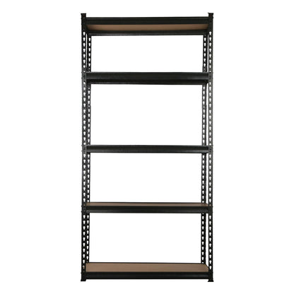 A large, freestanding Giantz 6X1.5M Garage Shelving Warehouse Rack Storage Shelves Pallet Racking with a black frame and brown, five-tiered shelves arranged in a U-shape formation. The heavy-duty steel shelving unit has adjustable beams, suitable for storing various items in a garage, warehouse, or storage room.