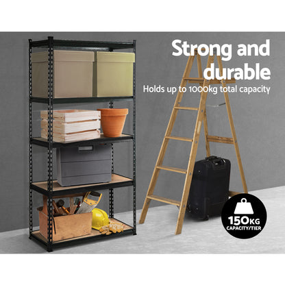 A large, freestanding Giantz 6X1.5M Garage Shelving Warehouse Rack Storage Shelves Pallet Racking with a black frame and brown, five-tiered shelves arranged in a U-shape formation. The heavy-duty steel shelving unit has adjustable beams, suitable for storing various items in a garage, warehouse, or storage room.