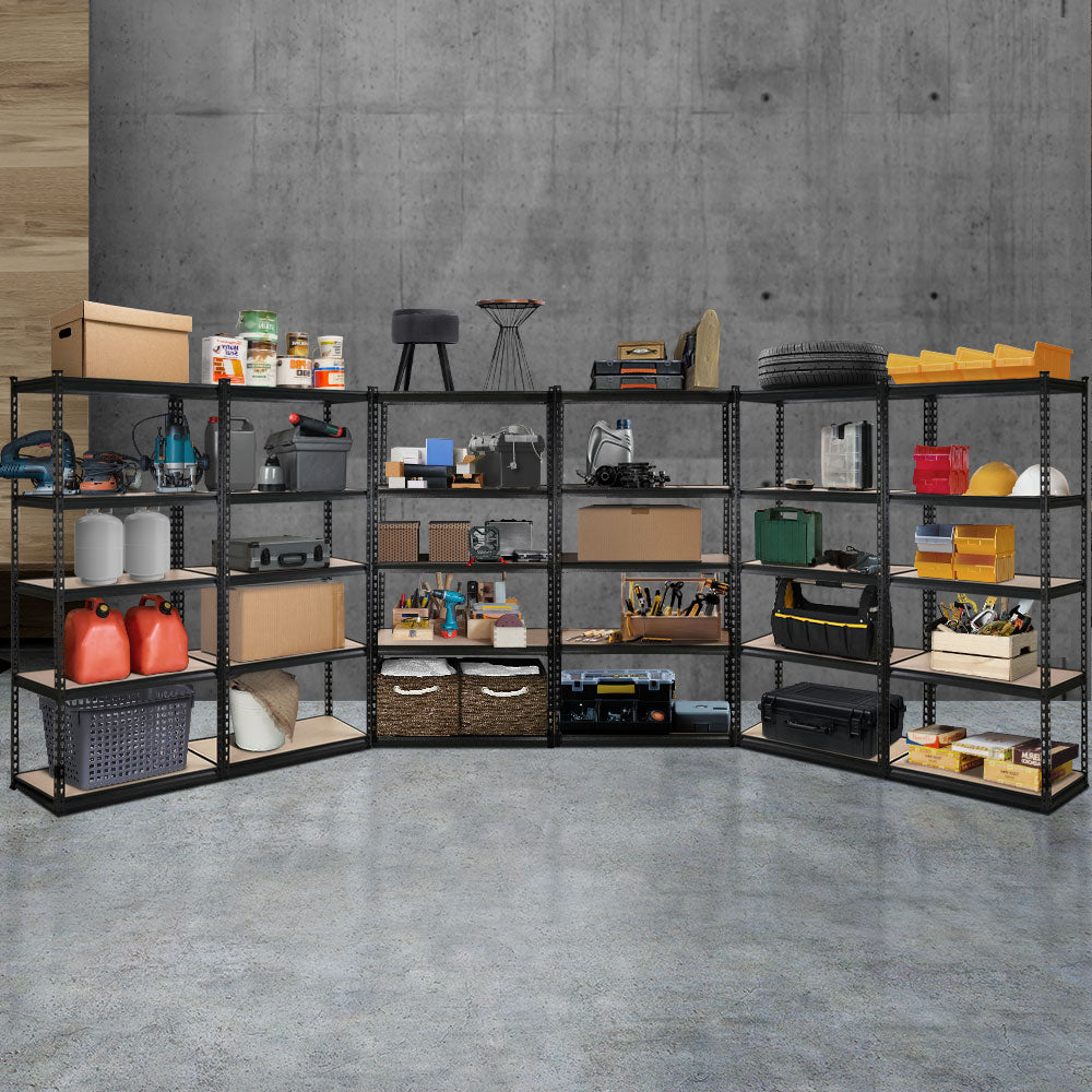 A large, freestanding Giantz 6X1.5M Garage Shelving Warehouse Rack Storage Shelves Pallet Racking with a black frame and brown, five-tiered shelves arranged in a U-shape formation. The heavy-duty steel shelving unit has adjustable beams, suitable for storing various items in a garage, warehouse, or storage room.