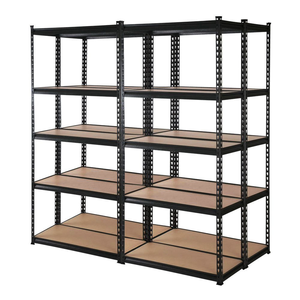 A Giantz 4x1.8M Garage Shelving Warehouse Rack Pallet Racking Storage Shelve Black with two columns, each containing five adjustable wood shelves. The frame, made from industrial strength steel with a perforated design, allows for boltless assembly adjustments. The unit is set against a plain white background.