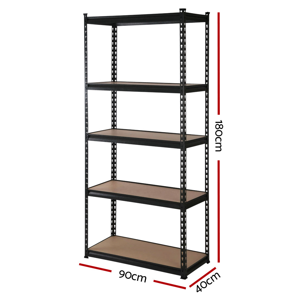 A Giantz 4x1.8M Garage Shelving Warehouse Rack Pallet Racking Storage Shelve Black with two columns, each containing five adjustable wood shelves. The frame, made from industrial strength steel with a perforated design, allows for boltless assembly adjustments. The unit is set against a plain white background.