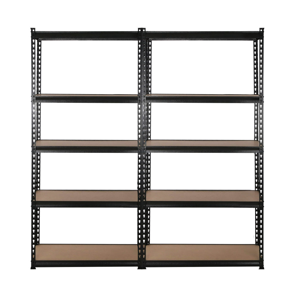 A Giantz 4x1.8M Garage Shelving Warehouse Rack Pallet Racking Storage Shelve Black with two columns, each containing five adjustable wood shelves. The frame, made from industrial strength steel with a perforated design, allows for boltless assembly adjustments. The unit is set against a plain white background.