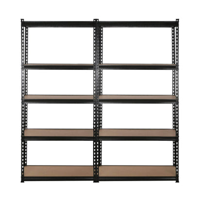 A Giantz 4x1.8M Garage Shelving Warehouse Rack Pallet Racking Storage Shelve Black with two columns, each containing five adjustable wood shelves. The frame, made from industrial strength steel with a perforated design, allows for boltless assembly adjustments. The unit is set against a plain white background.