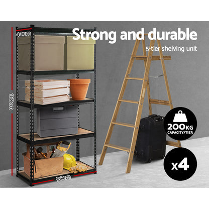 A Giantz 4x1.8M Garage Shelving Warehouse Rack Pallet Racking Storage Shelve Black with two columns, each containing five adjustable wood shelves. The frame, made from industrial strength steel with a perforated design, allows for boltless assembly adjustments. The unit is set against a plain white background.