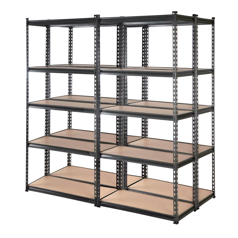 A set of Giantz 4x1.8M Garage Shelving Warehouse Rack Pallet Racking Storage Charcoal with five adjustable levels each. The shelves are made of light-colored wood and the frame is constructed of industrial strength steel. The setup is organized in two side-by-side rows, providing ample storage space.