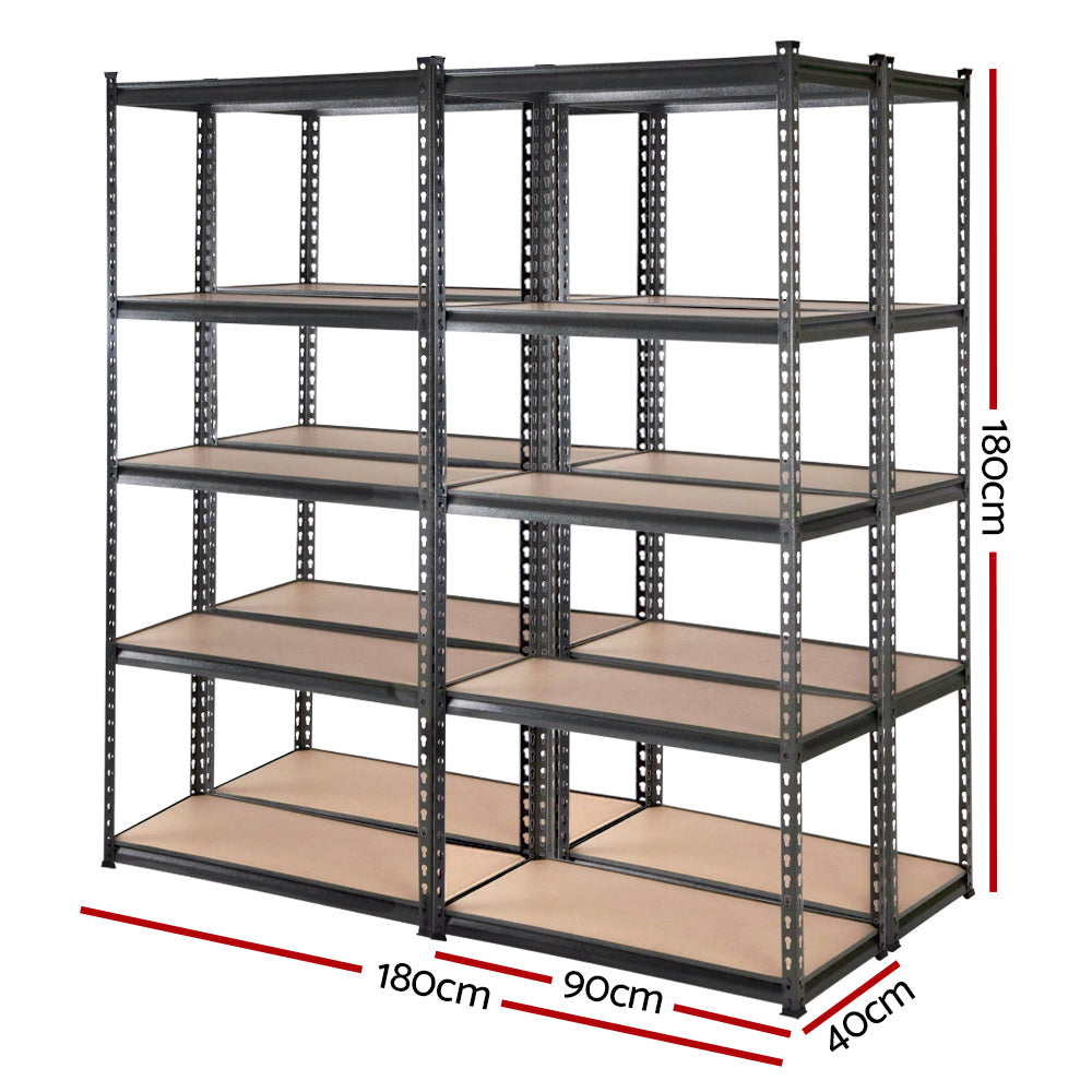 A set of Giantz 4x1.8M Garage Shelving Warehouse Rack Pallet Racking Storage Charcoal with five adjustable levels each. The shelves are made of light-colored wood and the frame is constructed of industrial strength steel. The setup is organized in two side-by-side rows, providing ample storage space.