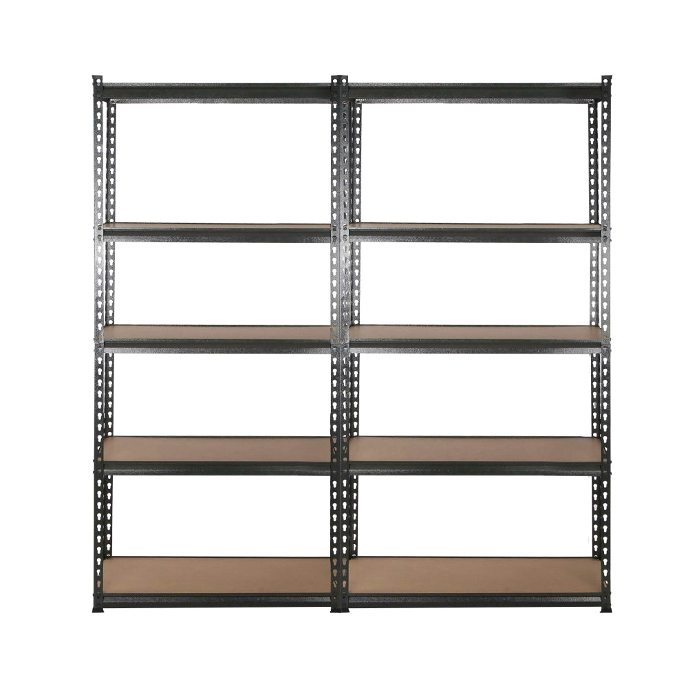 A set of Giantz 4x1.8M Garage Shelving Warehouse Rack Pallet Racking Storage Charcoal with five adjustable levels each. The shelves are made of light-colored wood and the frame is constructed of industrial strength steel. The setup is organized in two side-by-side rows, providing ample storage space.