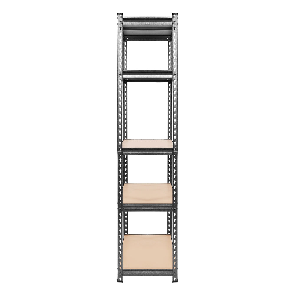 A set of Giantz 4x1.8M Garage Shelving Warehouse Rack Pallet Racking Storage Charcoal with five adjustable levels each. The shelves are made of light-colored wood and the frame is constructed of industrial strength steel. The setup is organized in two side-by-side rows, providing ample storage space.