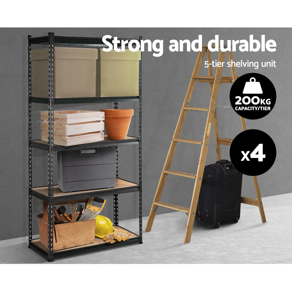 A set of Giantz 4x1.8M Garage Shelving Warehouse Rack Pallet Racking Storage Charcoal with five adjustable levels each. The shelves are made of light-colored wood and the frame is constructed of industrial strength steel. The setup is organized in two side-by-side rows, providing ample storage space.