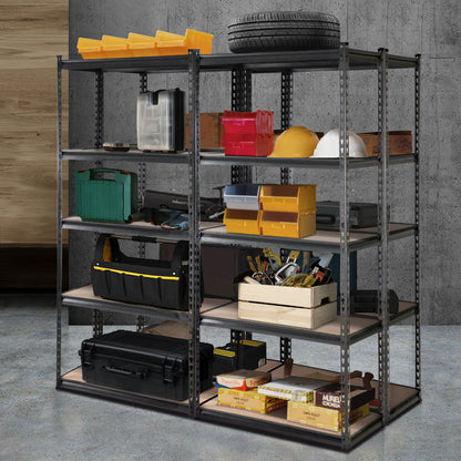 A set of Giantz 4x1.8M Garage Shelving Warehouse Rack Pallet Racking Storage Charcoal with five adjustable levels each. The shelves are made of light-colored wood and the frame is constructed of industrial strength steel. The setup is organized in two side-by-side rows, providing ample storage space.