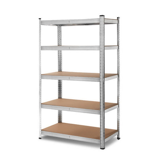 A freestanding Giantz 1.8M Warehouse Racking Rack Shelving Garage Steel Metal Storage Shelves Silver with four wooden shelves. The frame is silver, and the shelves are light brown wood. The unit is empty, showing a sturdy, industrial design suitable for organizing items in a garage, warehouse, or storage room with adjustable storage capabilities.