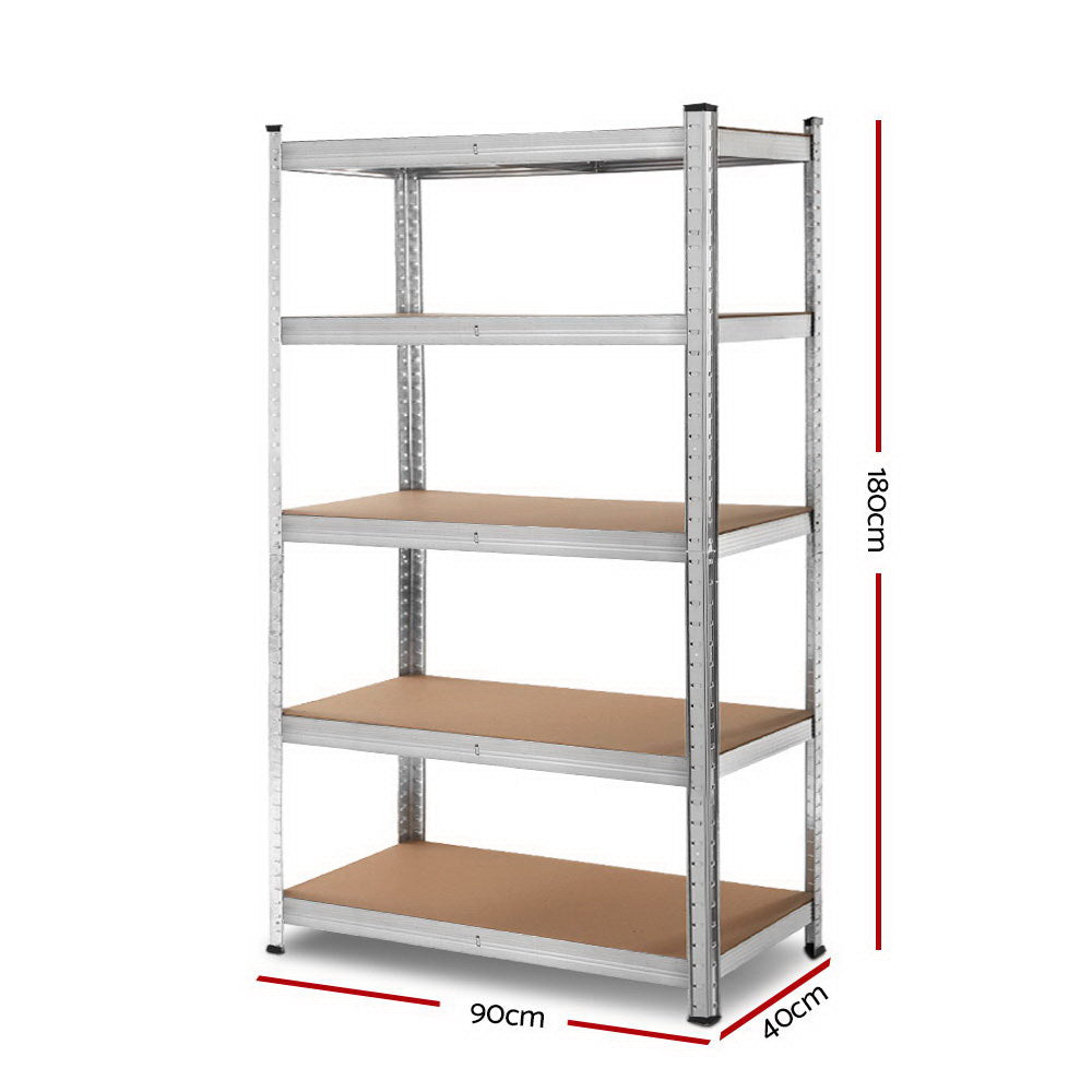 A freestanding Giantz 1.8M Warehouse Racking Rack Shelving Garage Steel Metal Storage Shelves Silver with four wooden shelves. The frame is silver, and the shelves are light brown wood. The unit is empty, showing a sturdy, industrial design suitable for organizing items in a garage, warehouse, or storage room with adjustable storage capabilities.