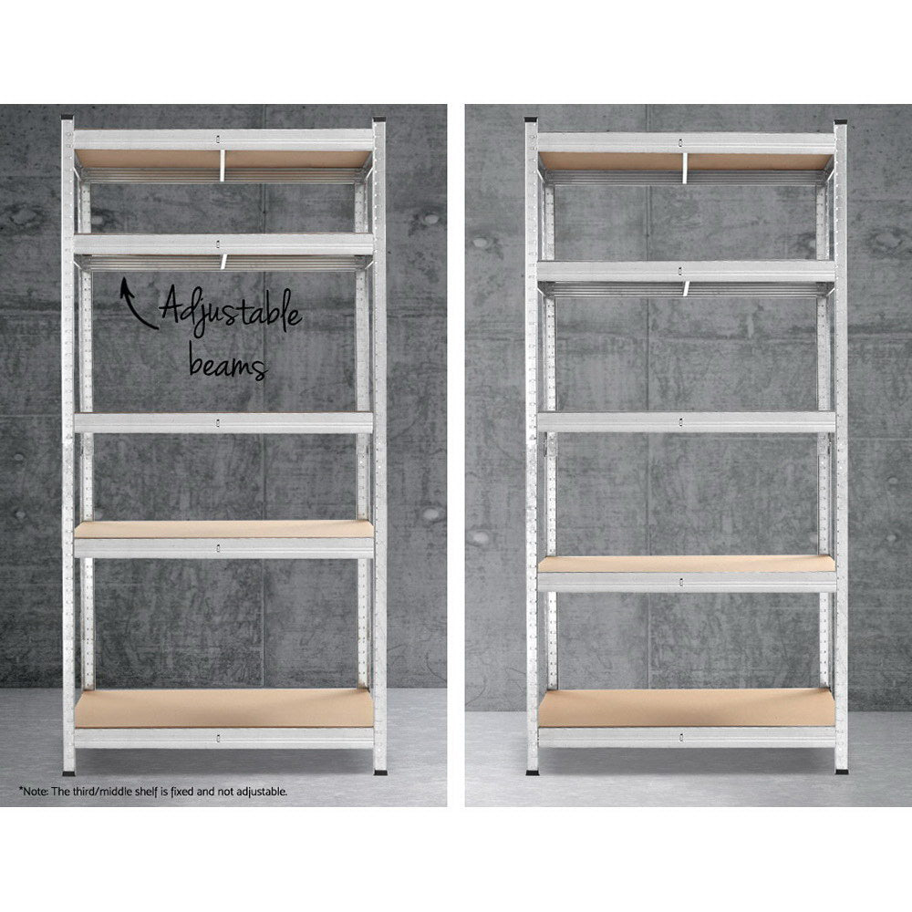 A freestanding Giantz 1.8M Warehouse Racking Rack Shelving Garage Steel Metal Storage Shelves Silver with four wooden shelves. The frame is silver, and the shelves are light brown wood. The unit is empty, showing a sturdy, industrial design suitable for organizing items in a garage, warehouse, or storage room with adjustable storage capabilities.