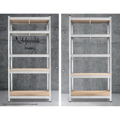 A freestanding Giantz 1.8M Warehouse Racking Rack Shelving Garage Steel Metal Storage Shelves Silver with four wooden shelves. The frame is silver, and the shelves are light brown wood. The unit is empty, showing a sturdy, industrial design suitable for organizing items in a garage, warehouse, or storage room with adjustable storage capabilities.