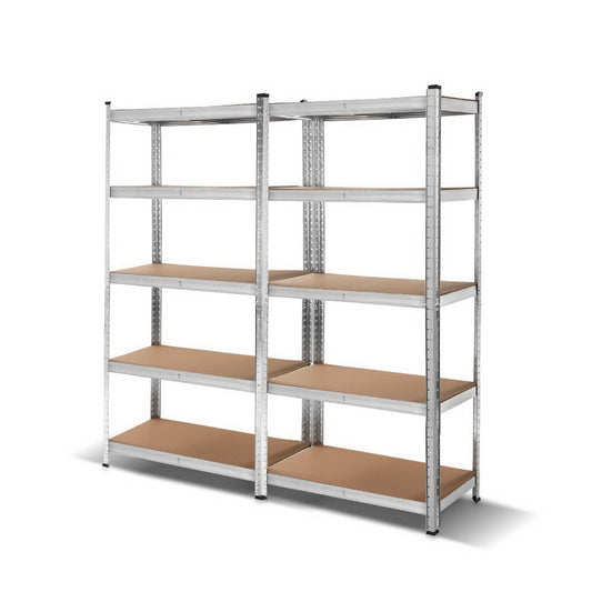 A Giantz 2x1.8M Garage Shelving Warehouse Rack Pallet Racking Storage Shelf Silver featuring a heavy-duty steel construction, this dual-section metal shelving unit boasts a total of eight shelves, four in each section. The sturdy wooden shelves are supported by the metallic frame and are evenly spaced, providing ample storage on its four visible legs.