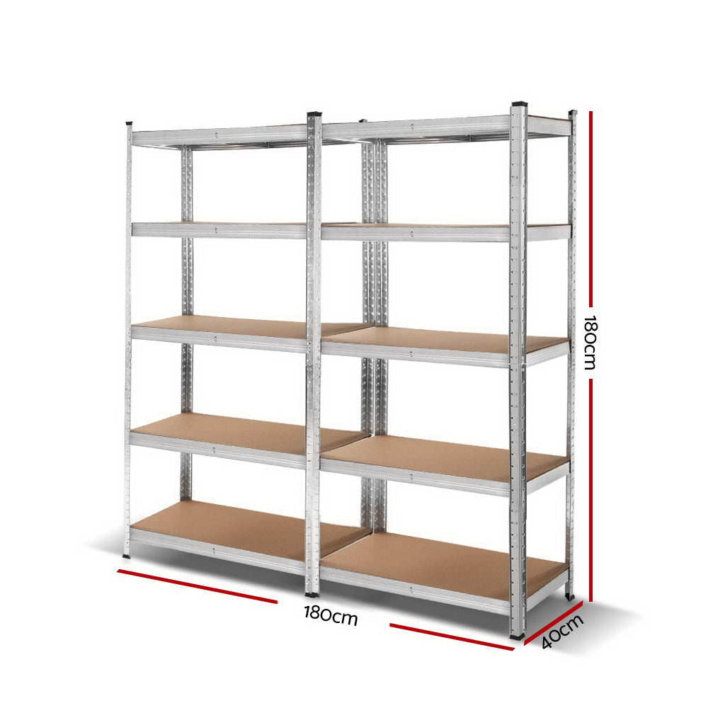 A Giantz 2x1.8M Garage Shelving Warehouse Rack Pallet Racking Storage Shelf Silver featuring a heavy-duty steel construction, this dual-section metal shelving unit boasts a total of eight shelves, four in each section. The sturdy wooden shelves are supported by the metallic frame and are evenly spaced, providing ample storage on its four visible legs.