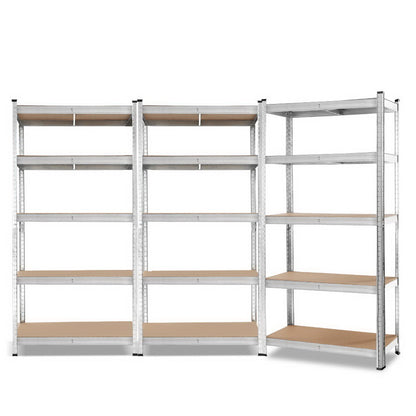 Three metal shelving units, two with five shelves each and one with four shelves, are arranged in a row. The sturdy frames and wood shelves of this Giants 3x1.8M Warehouse Shelving Rack Racking Garage Metal Storage Shelves create a reliable storage solution. Each heavy-duty shelving unit stands empty against a white background.