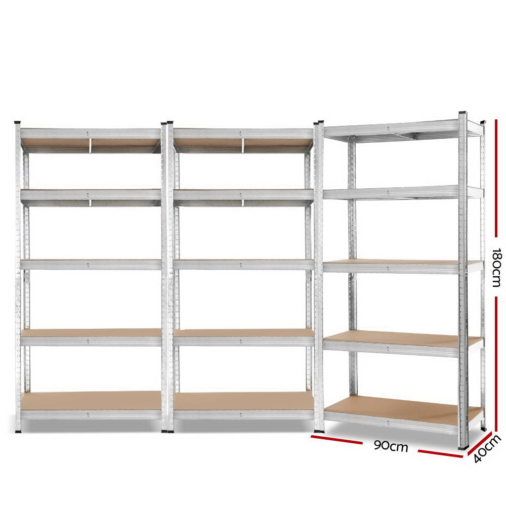 Three metal shelving units, two with five shelves each and one with four shelves, are arranged in a row. The sturdy frames and wood shelves of this Giants 3x1.8M Warehouse Shelving Rack Racking Garage Metal Storage Shelves create a reliable storage solution. Each heavy-duty shelving unit stands empty against a white background.