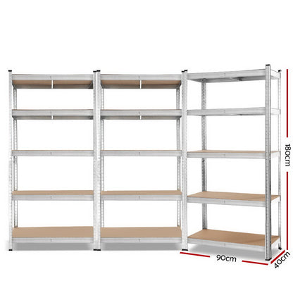 Three metal shelving units, two with five shelves each and one with four shelves, are arranged in a row. The sturdy frames and wood shelves of this Giants 3x1.8M Warehouse Shelving Rack Racking Garage Metal Storage Shelves create a reliable storage solution. Each heavy-duty shelving unit stands empty against a white background.