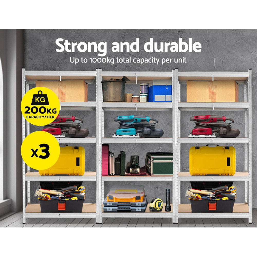 Three metal shelving units, two with five shelves each and one with four shelves, are arranged in a row. The sturdy frames and wood shelves of this Giants 3x1.8M Warehouse Shelving Rack Racking Garage Metal Storage Shelves create a reliable storage solution. Each heavy-duty shelving unit stands empty against a white background.