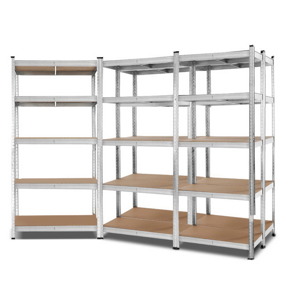 A set of two Giantz 5x1.8M Garage Shelving Warehouse Rack Pallet Racking Storage Shelf Silver units with multiple wooden shelves. The unit on the left has four shelves, while the unit on the right boasts five. Featuring adjustable beams and light-colored wooden panels, these sturdy metal frames offer versatile storage solutions for any space.