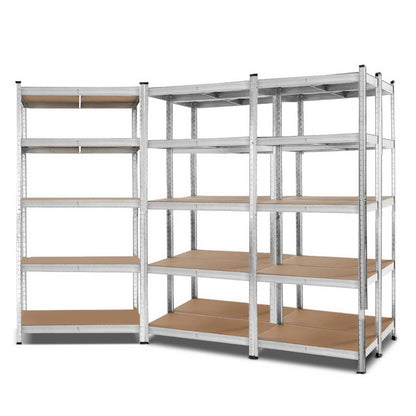 A set of two Giantz 5x1.8M Garage Shelving Warehouse Rack Pallet Racking Storage Shelf Silver units with multiple wooden shelves. The unit on the left has four shelves, while the unit on the right boasts five. Featuring adjustable beams and light-colored wooden panels, these sturdy metal frames offer versatile storage solutions for any space.