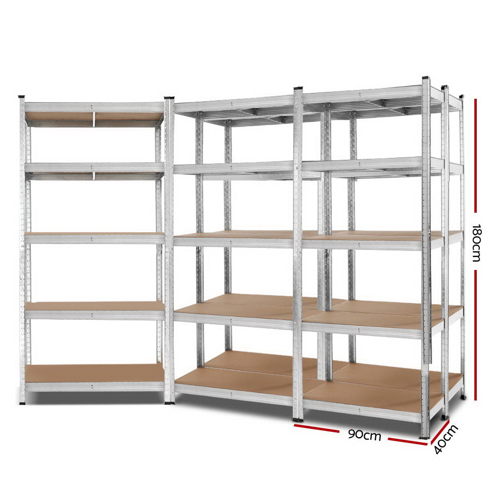 A set of two Giantz 5x1.8M Garage Shelving Warehouse Rack Pallet Racking Storage Shelf Silver units with multiple wooden shelves. The unit on the left has four shelves, while the unit on the right boasts five. Featuring adjustable beams and light-colored wooden panels, these sturdy metal frames offer versatile storage solutions for any space.