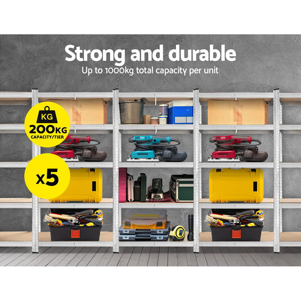 A set of two Giantz 5x1.8M Garage Shelving Warehouse Rack Pallet Racking Storage Shelf Silver units with multiple wooden shelves. The unit on the left has four shelves, while the unit on the right boasts five. Featuring adjustable beams and light-colored wooden panels, these sturdy metal frames offer versatile storage solutions for any space.