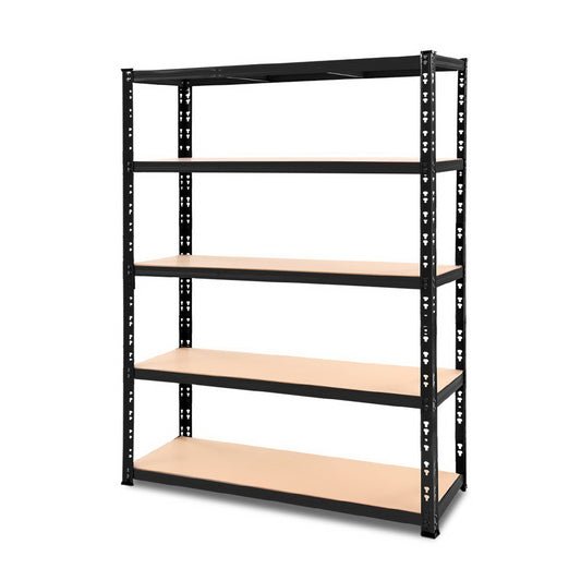 A black industrial steel shelving unit with five wooden shelves, the Giantz 1.8M Warehouse Racking Shelving Storage Shelf Garage Shelves Rack Steel Black features adjustable beams for flexible storage solutions. Perfect for garages, workshops, or storage rooms, its simple design includes evenly spaced shelves supported by sturdy metal frames.