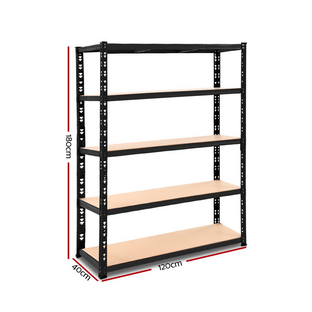 A black industrial steel shelving unit with five wooden shelves, the Giantz 1.8M Warehouse Racking Shelving Storage Shelf Garage Shelves Rack Steel Black features adjustable beams for flexible storage solutions. Perfect for garages, workshops, or storage rooms, its simple design includes evenly spaced shelves supported by sturdy metal frames.