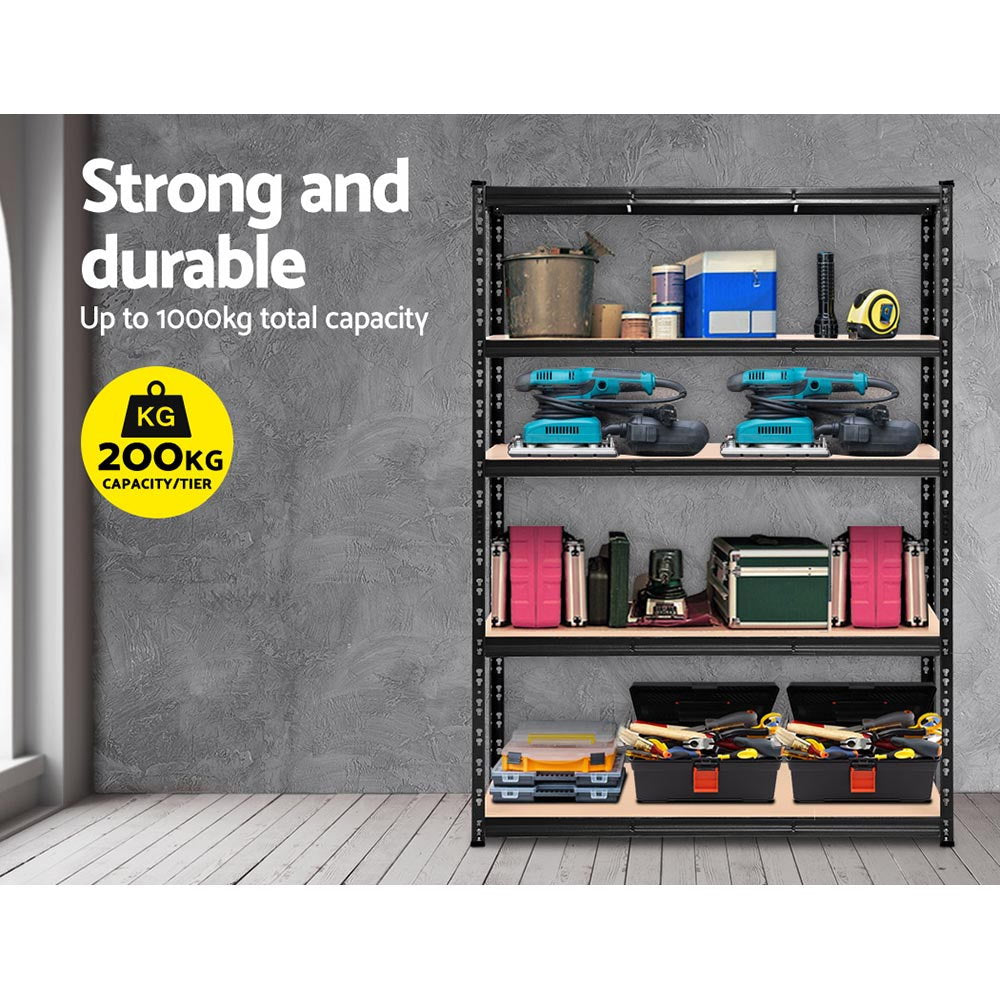 A black industrial steel shelving unit with five wooden shelves, the Giantz 1.8M Warehouse Racking Shelving Storage Shelf Garage Shelves Rack Steel Black features adjustable beams for flexible storage solutions. Perfect for garages, workshops, or storage rooms, its simple design includes evenly spaced shelves supported by sturdy metal frames.