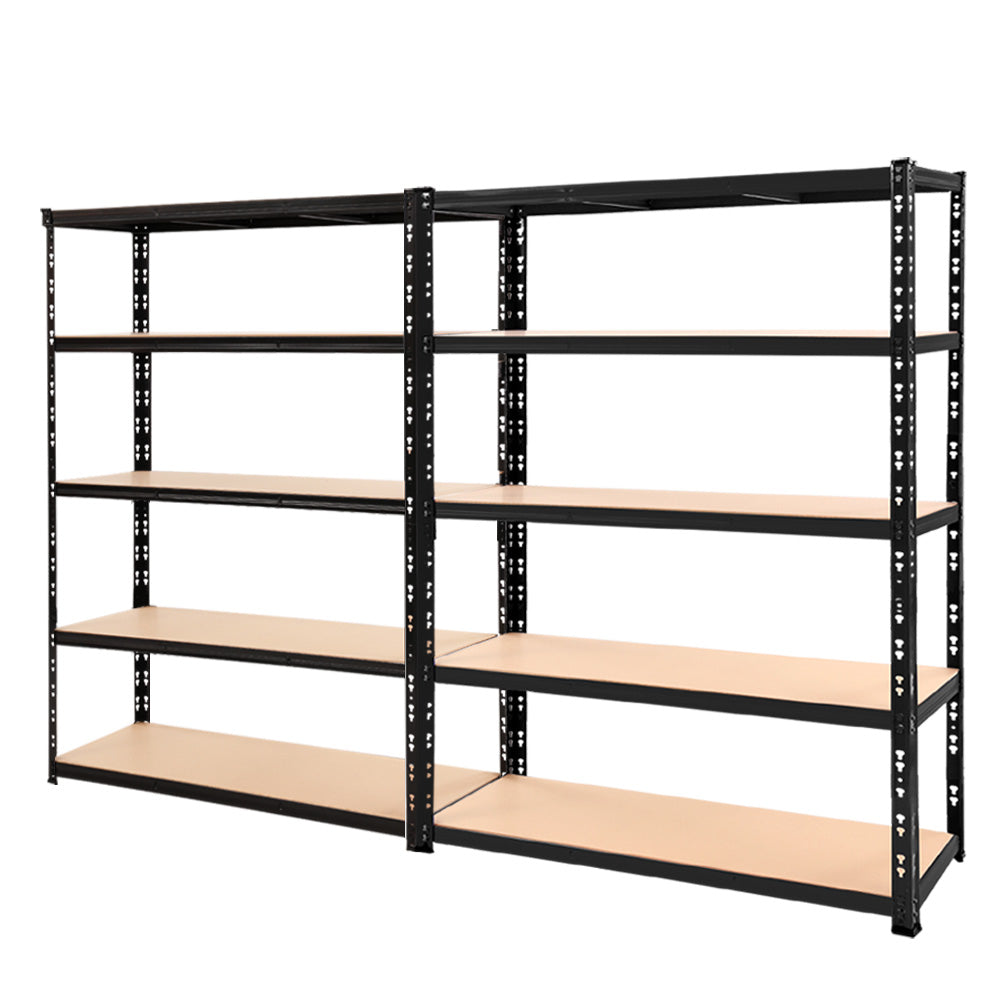 A pair of Giantz 2.4Mx1.8M Garage Shelving Warehouse Rack Pallet Racking Storage Shelve units crafted from heavy-duty steel shelving with multiple brown wooden shelves. The racks are placed side by side, creating a symmetrical appearance. The adjustable beams and empty shelves provide ample space for storage or organization of items.