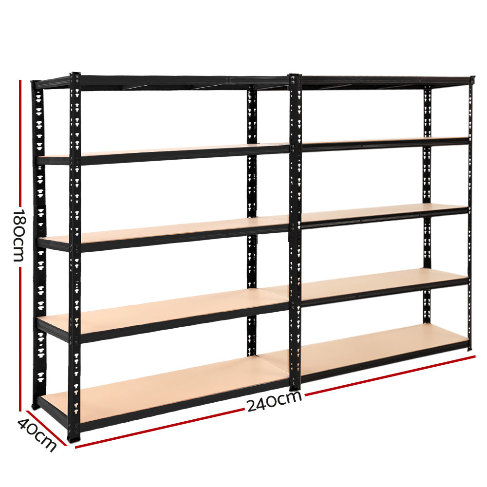 A pair of Giantz 2.4Mx1.8M Garage Shelving Warehouse Rack Pallet Racking Storage Shelve units crafted from heavy-duty steel shelving with multiple brown wooden shelves. The racks are placed side by side, creating a symmetrical appearance. The adjustable beams and empty shelves provide ample space for storage or organization of items.