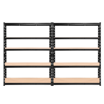 A pair of Giantz 2.4Mx1.8M Garage Shelving Warehouse Rack Pallet Racking Storage Shelve units crafted from heavy-duty steel shelving with multiple brown wooden shelves. The racks are placed side by side, creating a symmetrical appearance. The adjustable beams and empty shelves provide ample space for storage or organization of items.