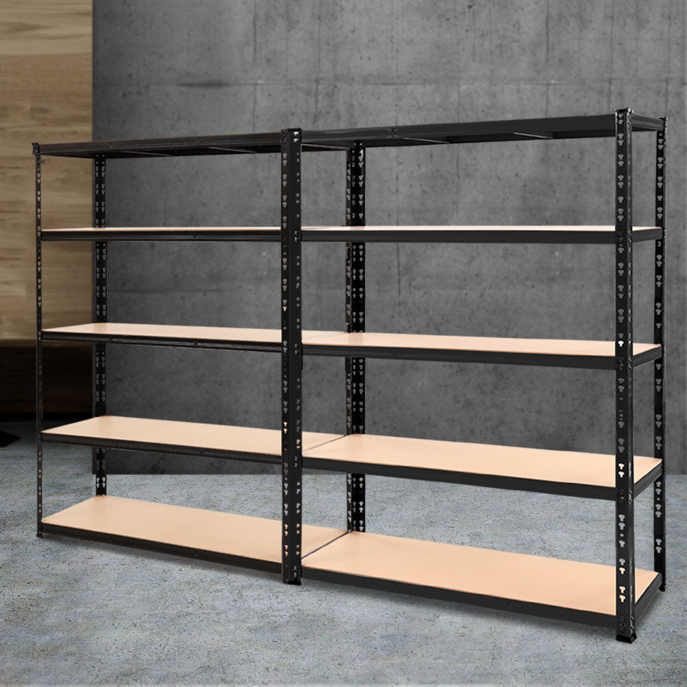 A pair of Giantz 2.4Mx1.8M Garage Shelving Warehouse Rack Pallet Racking Storage Shelve units crafted from heavy-duty steel shelving with multiple brown wooden shelves. The racks are placed side by side, creating a symmetrical appearance. The adjustable beams and empty shelves provide ample space for storage or organization of items.