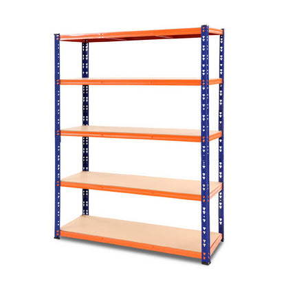 A Giantz 1.8M Garage Shelving Warehouse Rack Pallet Racking Storage Shelve Blue, this five-tier heavy-duty steel shelving unit with orange shelves and blue metal supports stands empty. The solid material shelves are evenly spaced and the adjustable beams make it perfect for garage or warehouse storage.