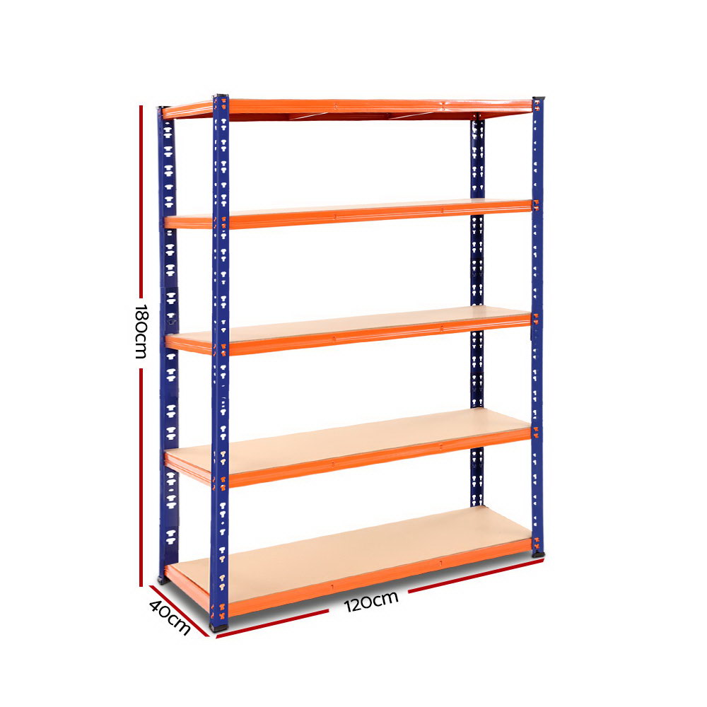 A Giantz 1.8M Garage Shelving Warehouse Rack Pallet Racking Storage Shelve Blue, this five-tier heavy-duty steel shelving unit with orange shelves and blue metal supports stands empty. The solid material shelves are evenly spaced and the adjustable beams make it perfect for garage or warehouse storage.