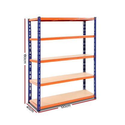 A Giantz 1.8M Garage Shelving Warehouse Rack Pallet Racking Storage Shelve Blue, this five-tier heavy-duty steel shelving unit with orange shelves and blue metal supports stands empty. The solid material shelves are evenly spaced and the adjustable beams make it perfect for garage or warehouse storage.