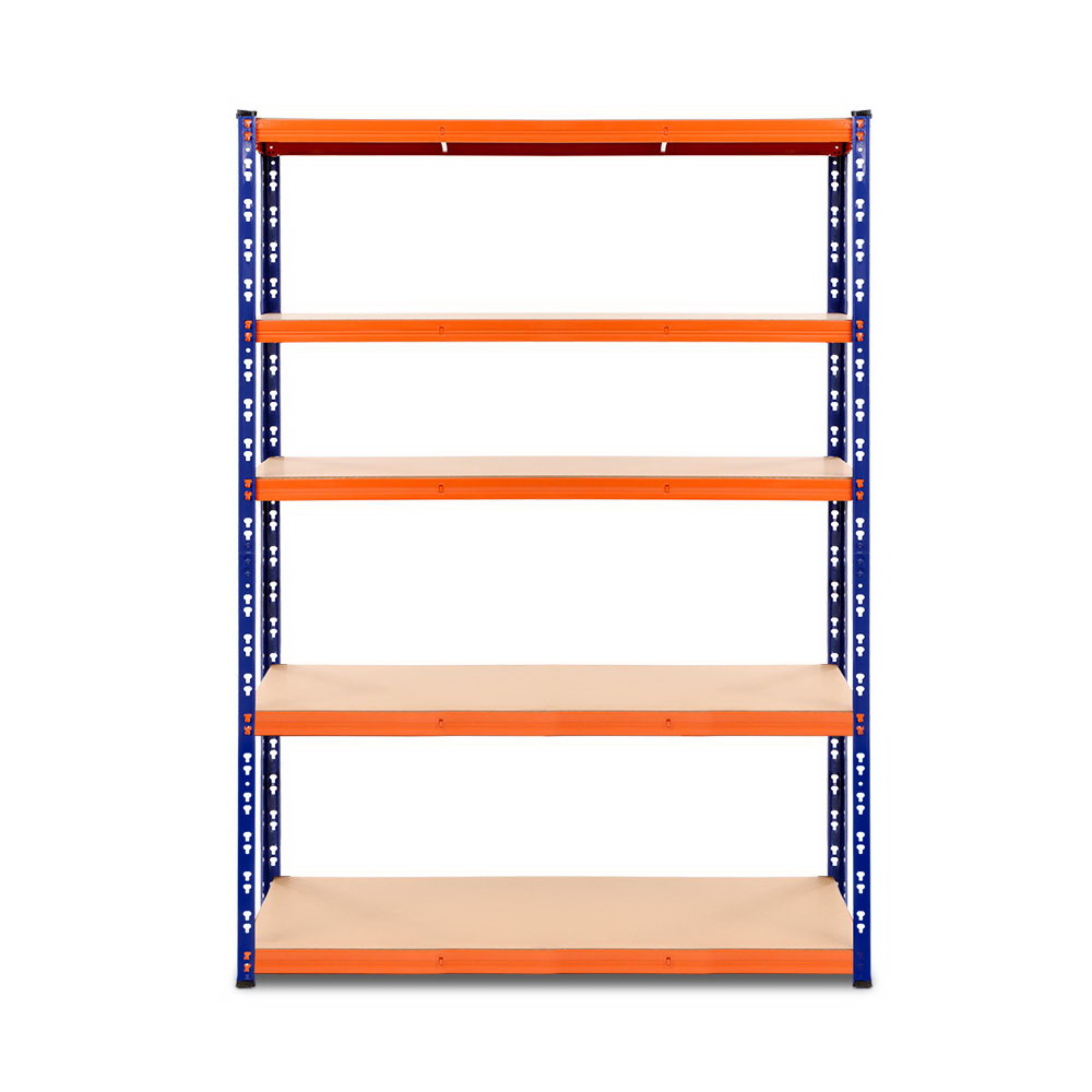 A Giantz 1.8M Garage Shelving Warehouse Rack Pallet Racking Storage Shelve Blue, this five-tier heavy-duty steel shelving unit with orange shelves and blue metal supports stands empty. The solid material shelves are evenly spaced and the adjustable beams make it perfect for garage or warehouse storage.