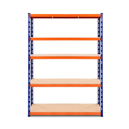 A Giantz 1.8M Garage Shelving Warehouse Rack Pallet Racking Storage Shelve Blue, this five-tier heavy-duty steel shelving unit with orange shelves and blue metal supports stands empty. The solid material shelves are evenly spaced and the adjustable beams make it perfect for garage or warehouse storage.