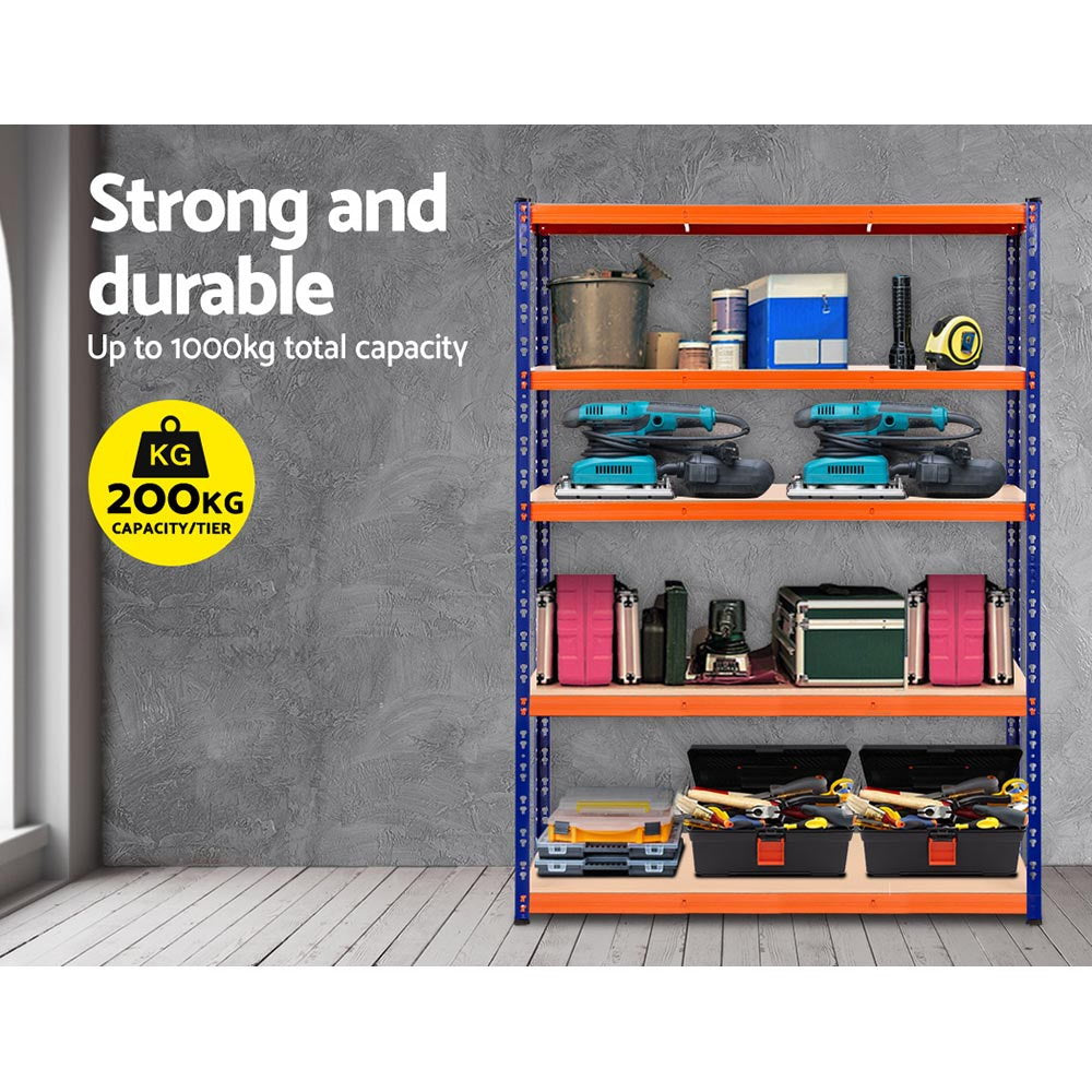 A Giantz 1.8M Garage Shelving Warehouse Rack Pallet Racking Storage Shelve Blue, this five-tier heavy-duty steel shelving unit with orange shelves and blue metal supports stands empty. The solid material shelves are evenly spaced and the adjustable beams make it perfect for garage or warehouse storage.