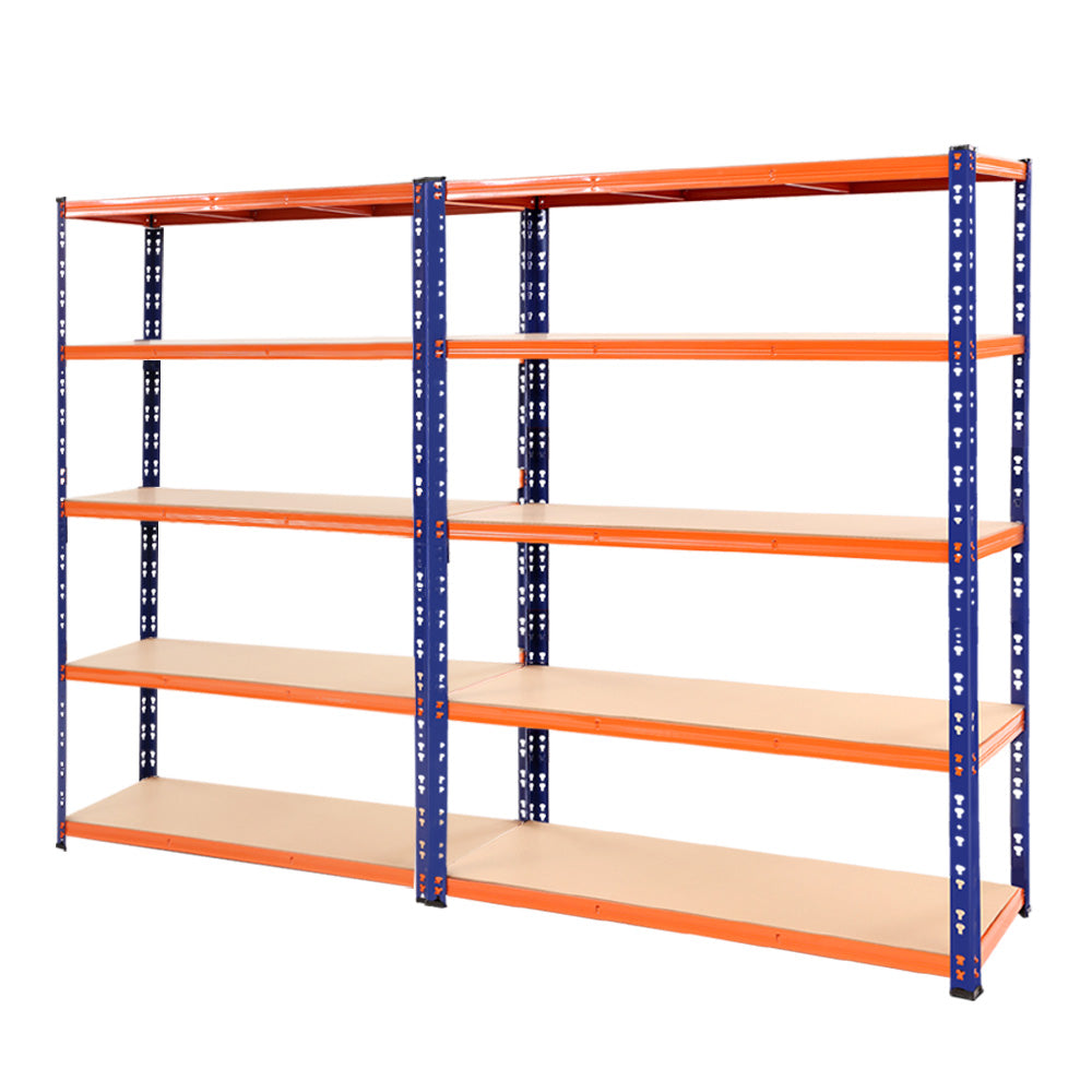 A large, industrial-style shelving unit stands empty. The Giantz 2.4Mx1.8M Garage Shelving Warehouse Rack Pallet Racking Storage Blue is made of sturdy blue metal frames with five light brown, flat shelves on each side. Featuring adjustable beams, the heavy-duty steel rack is designed for garages, warehouses, or workshops.