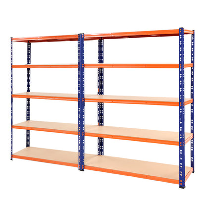 A large, industrial-style shelving unit stands empty. The Giantz 2.4Mx1.8M Garage Shelving Warehouse Rack Pallet Racking Storage Blue is made of sturdy blue metal frames with five light brown, flat shelves on each side. Featuring adjustable beams, the heavy-duty steel rack is designed for garages, warehouses, or workshops.