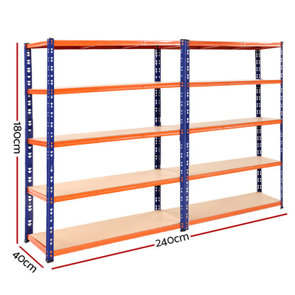 A large, industrial-style shelving unit stands empty. The Giantz 2.4Mx1.8M Garage Shelving Warehouse Rack Pallet Racking Storage Blue is made of sturdy blue metal frames with five light brown, flat shelves on each side. Featuring adjustable beams, the heavy-duty steel rack is designed for garages, warehouses, or workshops.